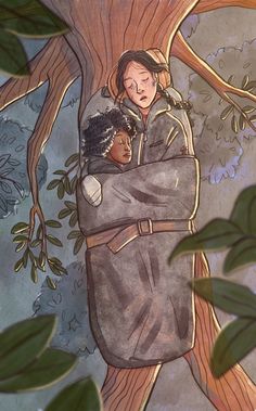 a drawing of a woman hugging a child in a tree