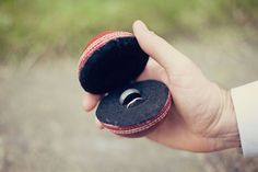 a person holding an object in their hand with a ring on it's thumb