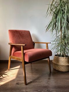 a red chair sitting next to a potted plant