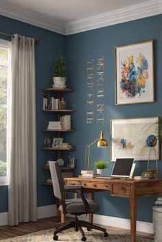 home decor interior design, interior bedroom design, designer wall paint, paint color match Relaxing Office Paint Colors, Calm Home Office, Blue Office Ideas, Office Colours, Office Wall Paints, Home Office Paint