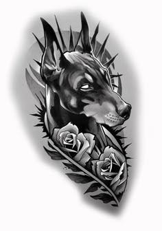 a black and white drawing of a dog with roses on it's side, in the shape of a head