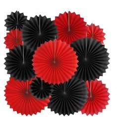 twelve red and black paper fan decorations