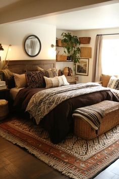 a large bed sitting in the middle of a living room next to a lamp and window