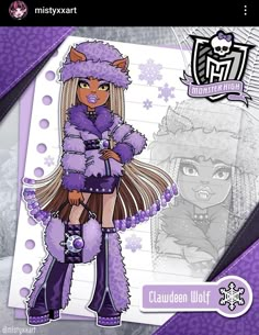 an image of a cartoon character with purple hair and fur on her head, standing in front of a notepad