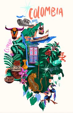 an illustrated map of the state of colombia with various things to see and do in it