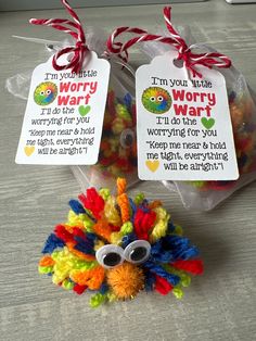 two small bags filled with colorful pom poms next to each other on a table