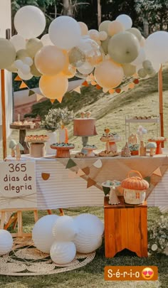 an outdoor dessert table with balloons and decorations