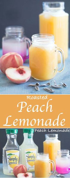 peach lemonade in mason jars with peaches around them and the title reads roasted peach lemonade