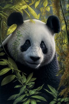 a panda bear sitting in the middle of some trees and leaves with his eyes closed