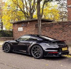 a black sports car parked in front of a brick wall and tree with yellow leaves on the ground