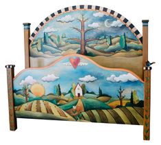 Queen Bed –  A lovely landscape design features a home on the footboard and tree of life on the headboard Handmade Wood Furniture, Sticks Furniture, Whimsical Furniture, Des Moines Iowa, Landscape Plans, Bed Lights, Funky Furniture, Funky Painted Furniture, Hand Painted Furniture