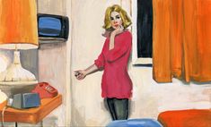 a painting of a woman talking on the phone in a bedroom with an orange curtain