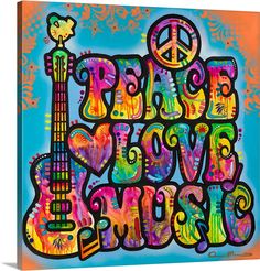 a painting with the words peace love music on it