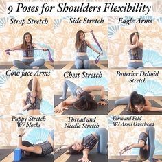 a woman is doing yoga poses for shoulders flexibility and side stretches with the instructions below