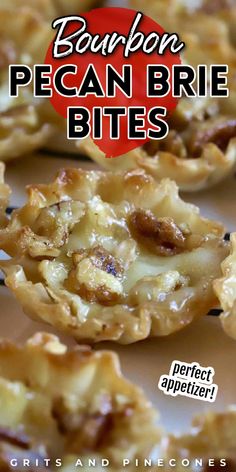 some pecan brie bites are sitting on a plate with the title text overlay