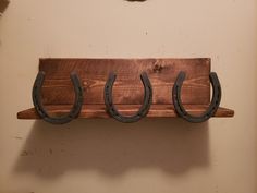 three horseshoes mounted to a wooden shelf with hooks hanging on the wall behind them