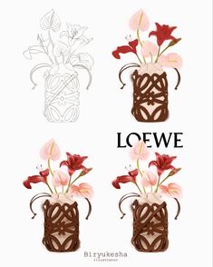 two vases with flowers in them and the words loewe written below it