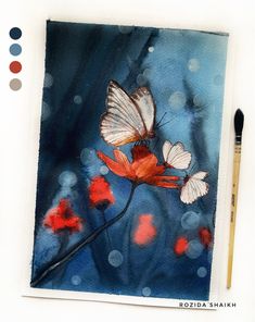 a watercolor painting of two butterflies on a red flower with blue and white background