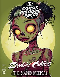 a zombie girl with yellow eyes and tattoos on her face, standing in front of a full moon