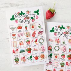 Strawberry Bingo - 50 PRINTABLE unique cards. Instant digital download PDF. Fun activity for strawberry-themed baby showers and birthdays. Pin The Stem On The Strawberry, Strawberry Birthday Party Games, Berry Themed Food, Berry First Birthday Party Games, Berry Themed Bridal Shower Ideas, Strawberry Games, Strawberry Shortcake Theme Party, Strawberry Shortcake Summer, Strawberry Themed Party