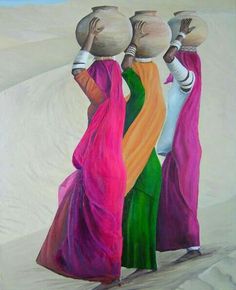 three women carrying pots on their heads walking in the sand dunes, painting by person