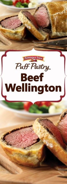 beef wellington on a cutting board with the title puff pastry beef wellington written in red