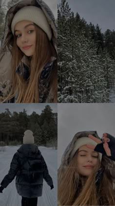 four different pictures of a woman in the snow wearing a jacket and hat with her hair blowing back