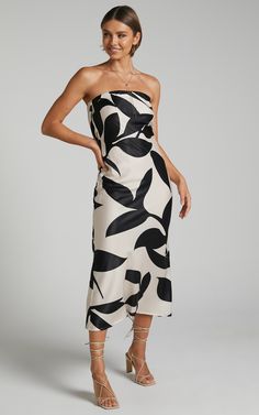 Madelyn Midi Dress - Strapless Palm Print Satin Dress in Cream and Black Shadow Print | Showpo USA Print Satin Dress, Spain Outfit, Printed Satin Dress, Midi Dress Elegant, Stylish Party, Strapless Midi Dress, Black Shadow, Party Look, Dressy Dresses