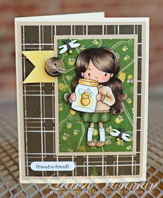 a card with a girl holding a jar