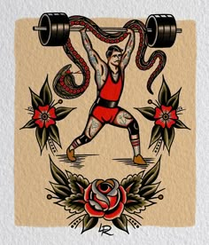 a drawing of a man lifting a barbell in front of roses and tattoos on paper