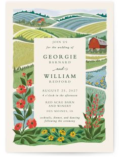 a wedding card with red flowers and green hills in the background