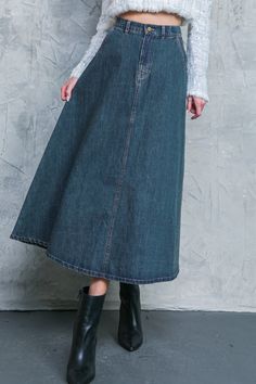 CALLING ALL THE TIME DENIM MIDI SKIRT Martin Boots Outfits, Long Jeans Skirt, Midi Jean Skirt, Boot Outfits, Clothing Designs, Denim Skirts, Easy Trendy Outfits, Denim Midi Skirt, Simple Trendy Outfits