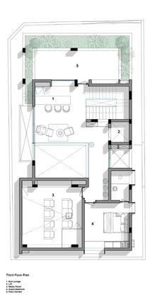 the floor plan for a modern house with two levels and an open living room, dining area