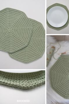 crocheted placemats and plates are shown in three different photos, one is green