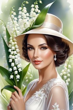 a woman wearing a white hat and holding lily of the valley flowers in her hand