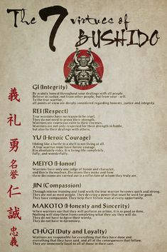 the seven virtues of bushido written in english and chinese on parchment paper with red ink