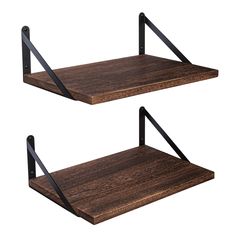 two wooden shelves with black metal brackets