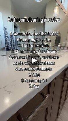 a kitchen counter top with the words bathroom cleaning in order