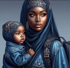 a painting of a woman holding a baby wearing a blue hijab and head scarf