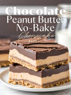 chocolate peanut butter no - bake cheesecake bars stacked on top of each other