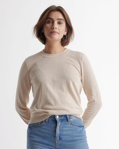 A classic crewneck sweater – just even softer. Lightweight and breathable, our cotton-viscose everyday sweater is blended with a touch of cashmere for that extra bit of cozy anytime you need a light layer. Wear, wash, repeat.  | Quince | Women's Lightweight Cotton Cashmere Crew Sweater in Heather Oatmeal, Size XL, Organic Cotton Everyday Sweater, Basic Sweaters, Summer Sweaters, Fall Capsule Wardrobe, Womens Cashmere, Knit Blazer, Silk Slip Dress, Favorite Sweater, Cotton Viscose