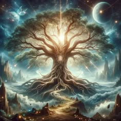 a painting of a tree surrounded by clouds and stars