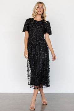 Cara Embroidered Midi Dress | Black Summer Lace Midi Dress With Sequins, Spring Evening Tulle Lace Dress, Fitted Floral Embroidered Midi Dress For Prom, Fitted Midi Dress With Floral Embroidery For Prom, Fitted Floral Embroidery Midi Dress For Prom, Spring Evening Lace Mesh Dress, Black Lace Dress For Summer Gala, Short Sleeve Lace Dress With Sheer Bodice, Black Summer Dress With Illusion Neckline