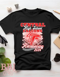 a black t - shirt with the words central high school reunion on it and an image of a racing car