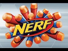 the logo for nerf is surrounded by orange and blue crayons