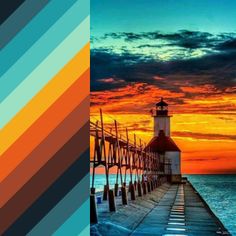 a colorful sunset over the ocean with a lighthouse in the foreground and an orange sky