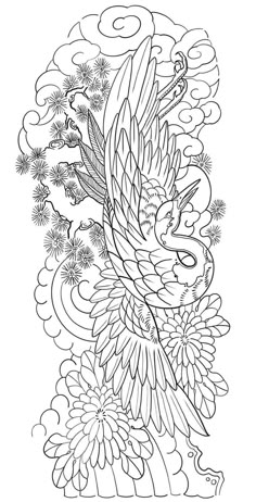 a coloring page with flowers and a bird flying over it, in black and white