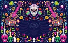 a poster with skulls, guitars and flowers on the bottom half of it that says day of the dead