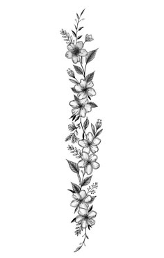 a black and white drawing of flowers with leaves on the bottom half of each flower