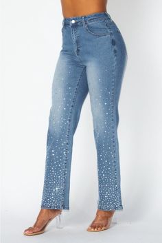 Get ready to elevate your denim game with our High Rise Rhinestone Denim Jean Pants! These pants feature a high rise silhouette and glamorous rhinestone detailing for a touch of sparkle. Perfect for adding some fun to your everyday look, these jeans are sure to become your new fashion go-to. (Just remember to accessorize with some sass!) Light wash denim High waisted Zipper/button closure Rhinestone detail Straight leg Jeans With Stones, Sparkly Denim Outfit, Embellished Straight Leg Denim Pants, Crystal Embellished Denim Jeans, Mid-rise Denim Flare Jeans With Rhinestones, High Waist Rhinestone Denim Jeans, Trendy Straight Leg Jeans With Rhinestones, Trendy Mid-rise Rhinestone Jeans, Rhinestone Denim Flare Jeans Straight Leg